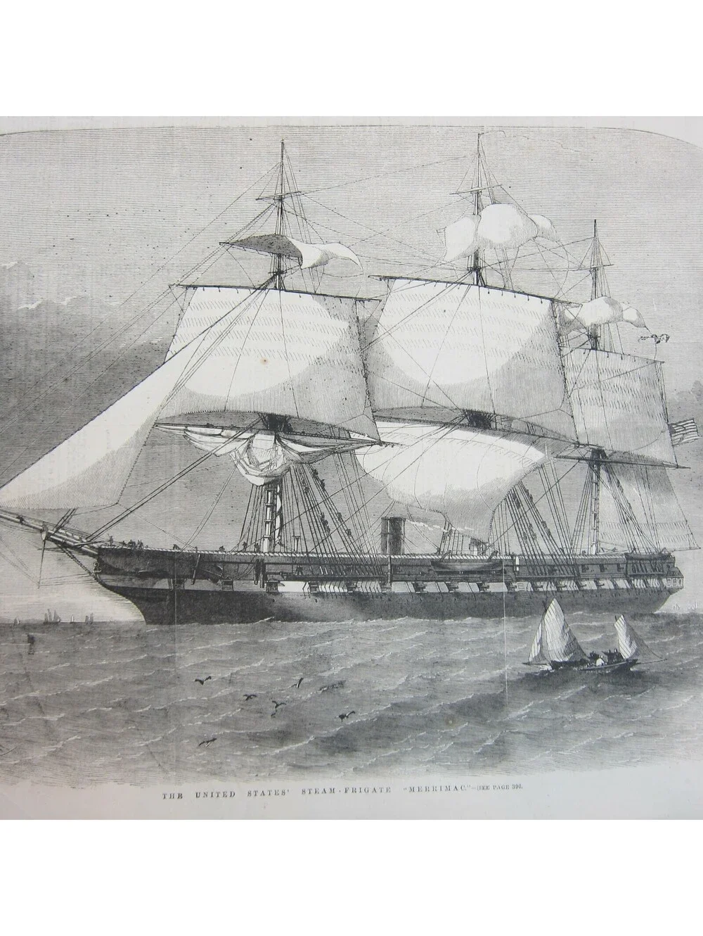 Antique 1856 Print The United States Steam Frigate Merrimack Naval Ship Seascape